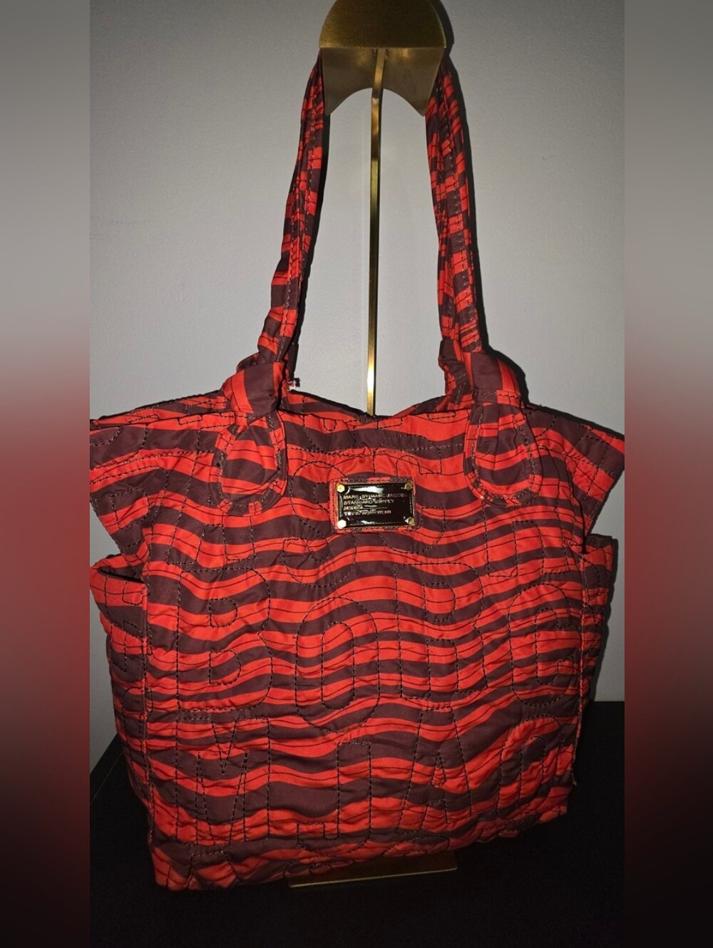 Marc Jacobs Red and Brown Quilted Stripe Tote